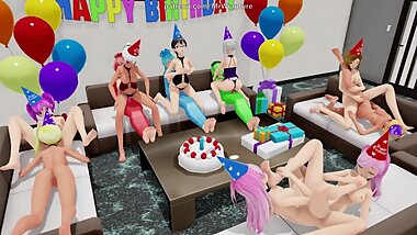 A Happy Birthday Orgy (Yuri Bondage Sex/Foot Fetish) - 3D MMD