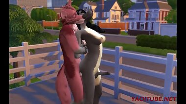 Furry Hentai Yaoi - A Wolf Futanari and a Wolf Boy Fuck in terrace