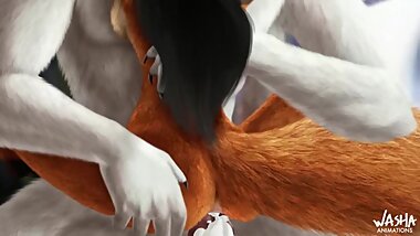 Fox woman and big wolf in forest