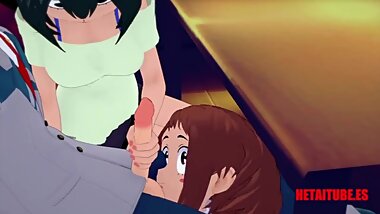 Boku No Hero Hentai - Tsuyu Jerkoff Deku Dick's and Uraraka Licks his balls