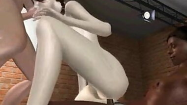 3D slut sucking two cocks in an interracial three way