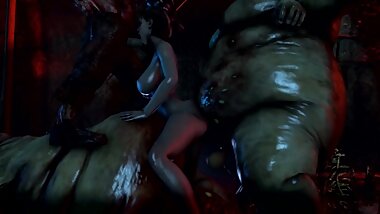 Sluts Girls make titjob with giant 3d monster
