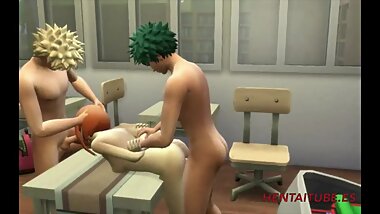 Boku No Hero Hentai - Deku & Bakugou Fuck Uraraka in Classroom