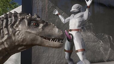 Dinosaur gives blowjob to a restrained dolphin through a glory hole