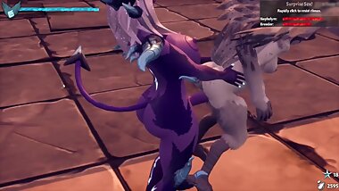 Purple futa demon grounding harpies with her dick.