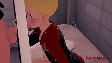 Boruto Naruto Yaoi - Boruto sucks Naruto's, Sasuke's and Kiba's Dick in a Glory Hole and they cum on