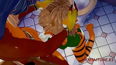 Furry Yiff Hentai - Tigress gives a fox a blowjob in the bathroom