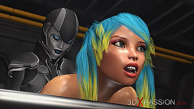 Sci-fi female android fucks girl with strapon in a spaceship