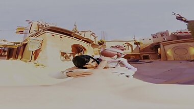 Overwatch D.va and Pharah threesome blowjob
