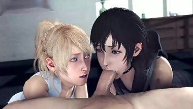 3D SFM Japanese double blowjob with cum in mouth