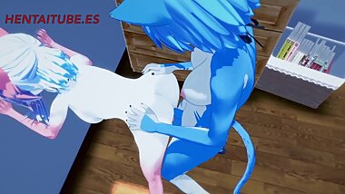Furry Futanari Hentai - Blue Futanari cat x Pink Kitty Handjob, Blowjob & Fuck Multiple cum